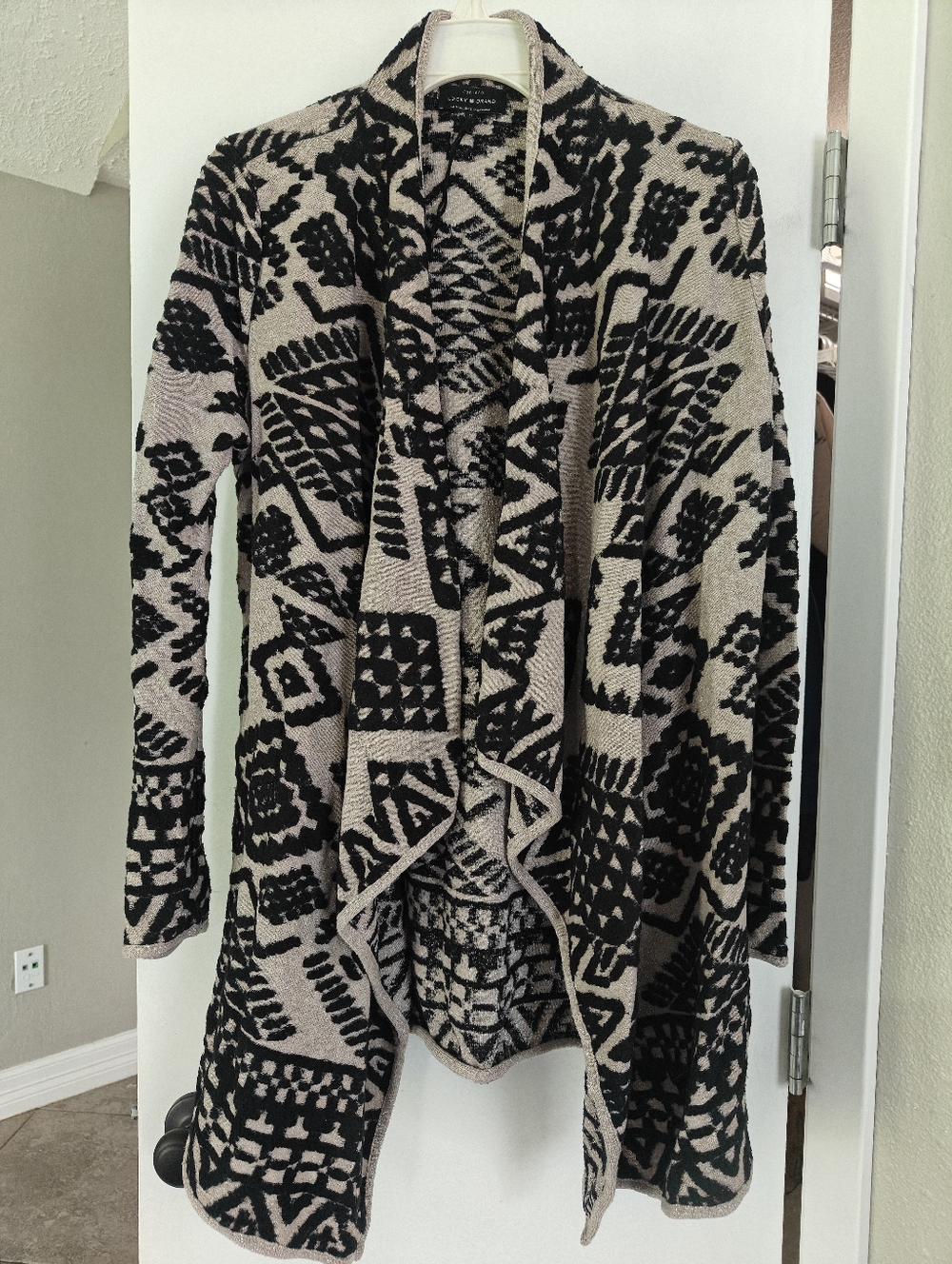 Lucky Brand Black and Gray  Geometric Open-Front Cardigan
